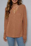 Plain V Neck Waffle Knit Pocketed Long Sleeves Top