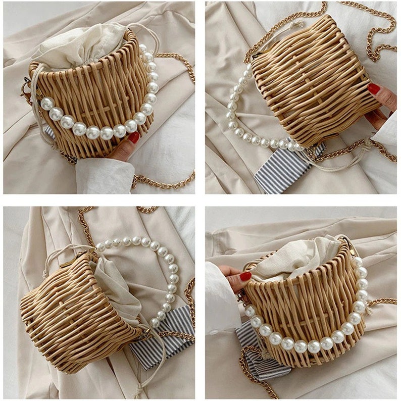 Pearl Chain Round Handmade Rattan Beach Bag