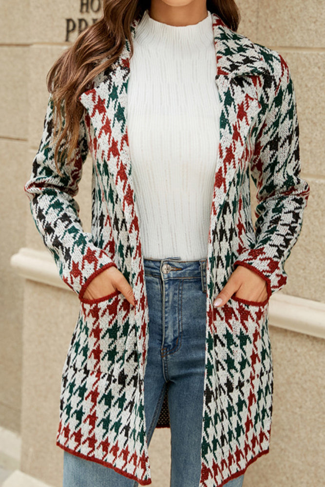 Houndstooh Lapel Front Open Winter Outfits Coat