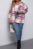 Winter Outfits Plus Size Pink Lapel Button Up Pocket Plaid Shacket