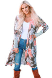 Brown Striped Cuffs Floral Print Long Cardigan