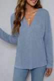 Plain V Neck Waffle Knit Pocketed Long Sleeves Top