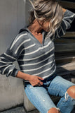 Zipper Down Striped Knit Pullover Sweaters