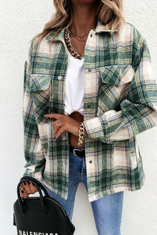 Single-breasted Plaid Tweed Shacket Coat with Pockets