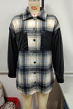 Winter Outfits PU Leather Splicing Plaid Shacket Coat