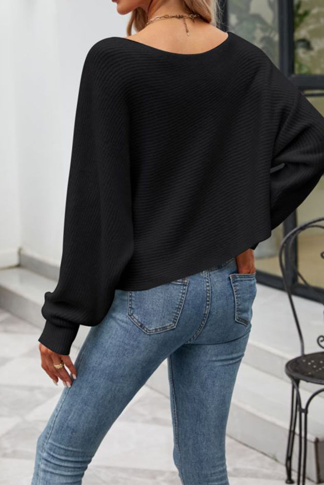 Drop Shoulder Solid Color Long Sleeve Knitting Sweater