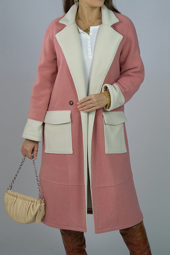 Lapel Collar Contrast Color Pockets Long Length Woolen Winter Outfits Coat