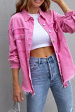 Lapel Ripped Raw Hem Buttons Denim Coat