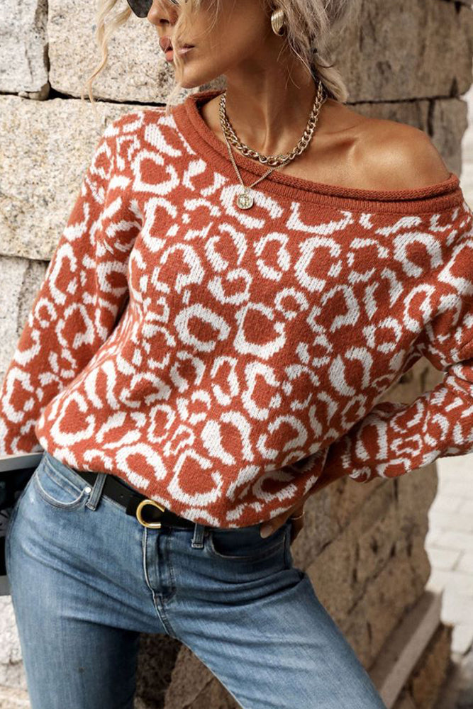 Fall Outfits Leopard Drop Shoulder Long Sleeve Knitting Sweater