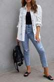 Lapel Ripped Raw Hem Buttons Denim Coat
