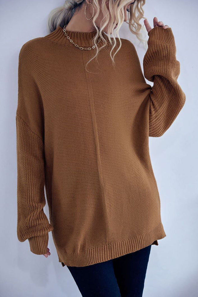 Brown Middle Seam High Neck Pullover Sweaters