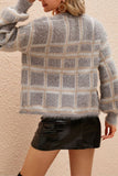 Grey Pink Plaid Hairy Open Knit Cardigans