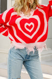 Ripped V Neck Multiple Heart Knit Pullover Sweaters