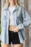 Rhinestone Pearl Open Front Button Pocket Raw Hem Denim Jackets