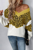 Leopard Splicing V Neck Long Sleeve Knit Sweater