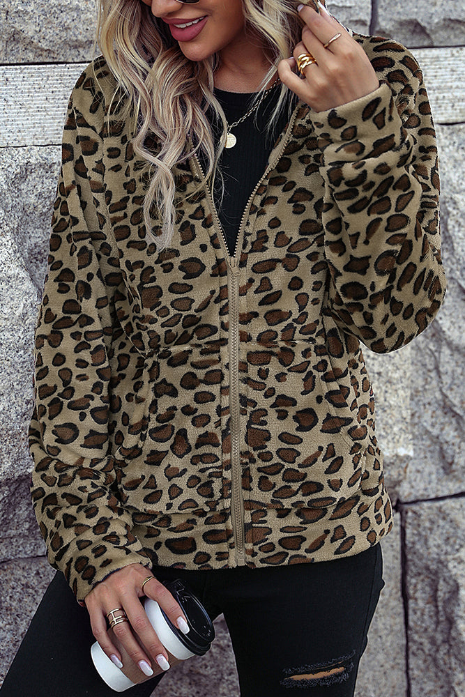 Leopard Open Zipper Pockets Fleece Coat