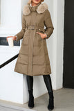 Plain Long Length Down Coat with Belt and Fur Hooded