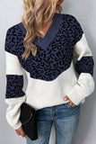 Leopard Splicing V Neck Long Sleeve Knit Sweater
