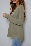 Plain V Neck Waffle Knit Pocketed Long Sleeves Top