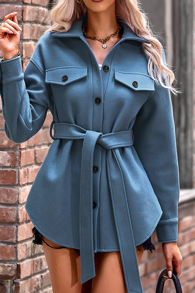 Plain Open Button Waist Belt Fleece Winter Coat Coat