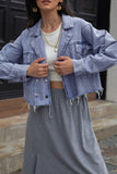 Blue Lapel Collar Raw Hem Button Open Denim Jackets