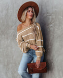 Off Shoulder Pin Striped Loose Pullover Sweaters