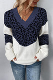 Leopard Splicing V Neck Long Sleeve Knit Sweater
