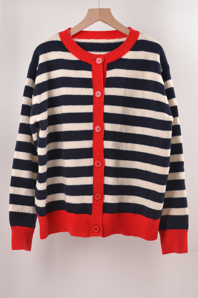 Stripes Splicing Open Front Button Knitting Cardigan