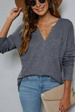 Plain V Neck Waffle Knit Pocketed Long Sleeves Top