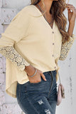 Plain Waffle Knit  Lace Cuff Open Button Long Sleeve Shirts