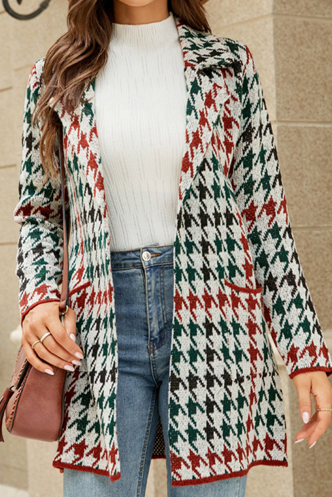 Houndstooh Lapel Front Open Winter Outfits Coat