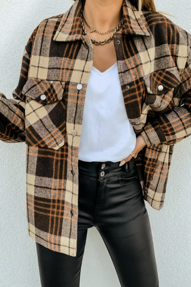 Single-breasted Plaid Tweed Shacket Coat with Pockets