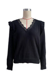 Black V Neck Autumn Outfits Lace Edge Ruffle Sleeves Sweaters