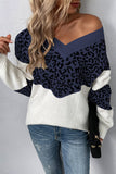 Leopard Splicing V Neck Long Sleeve Knit Sweater