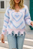Ripped V Neck Multiple Heart Knit Pullover Sweaters