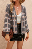 Grey Pink Plaid Hairy Open Knit Cardigans