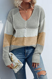 V Neck Color Block Cable Knit Sweaters