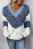 Leopard Splicing V Neck Long Sleeve Knit Sweater