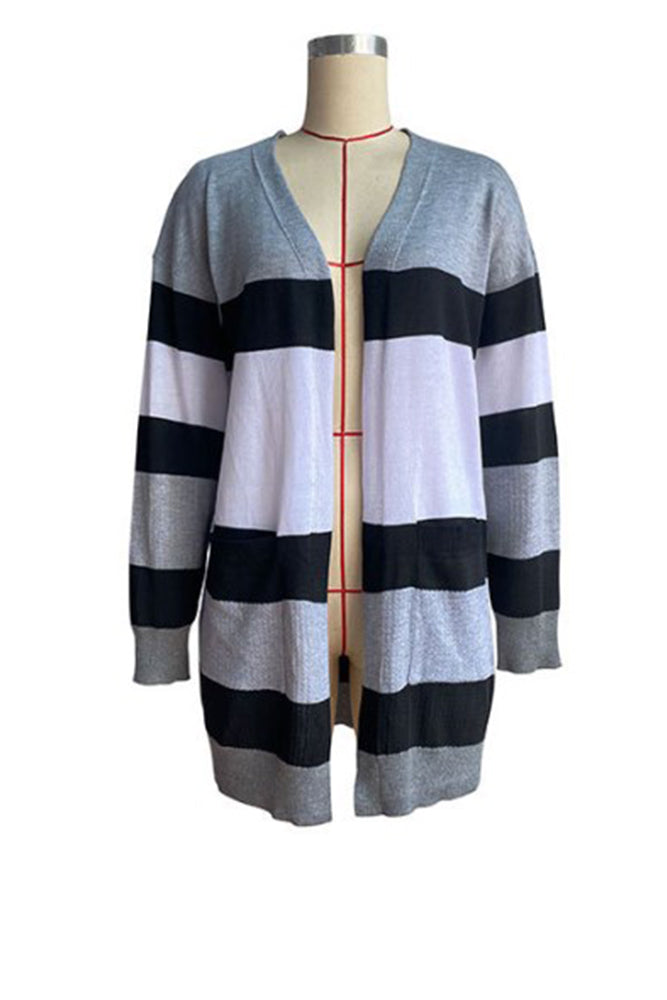 Winter Outfits Grey Color Block Pocketed Open Front Sweater Cardigans
