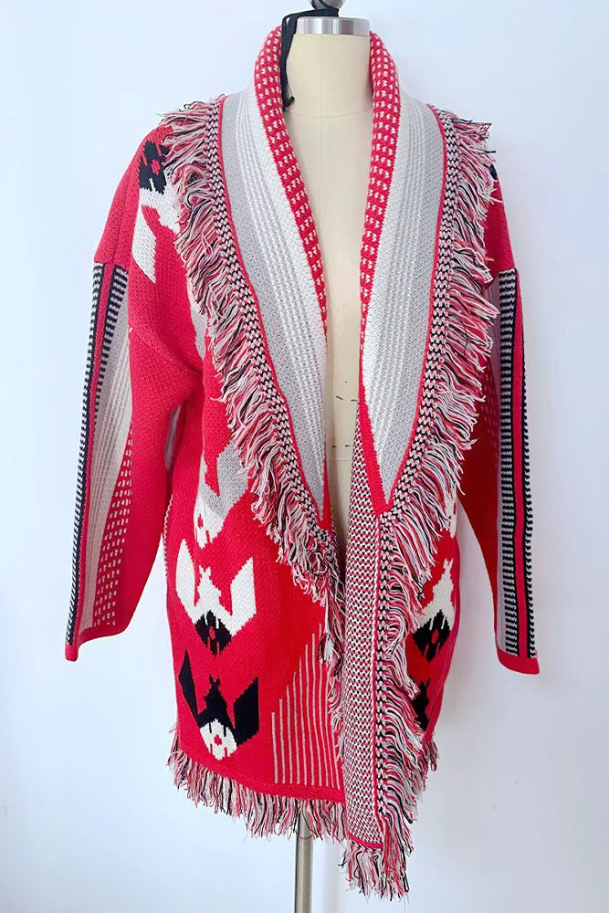 Winter Outfits Aztec Stripes Splicing Front Open Tassle Knitting Coat