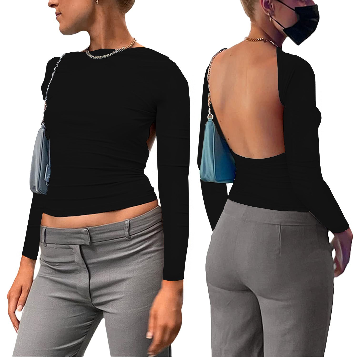 Sexy Backless Long Sleeve Crop Top Women Black Autumn Skinny Cut Out Basic T Shirts Fashion Streetwear Tees
