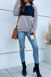 Grey High Collar Side Button Patchwork Fleece Sweatshirt