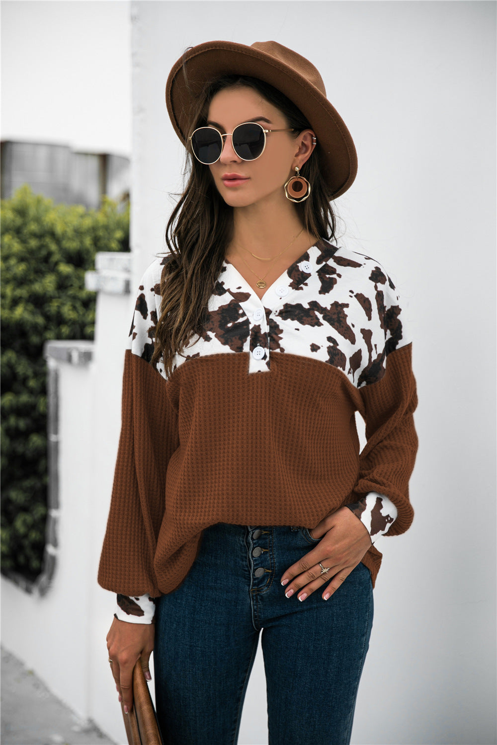 Cow Print Splicing Buttons Long Sleeve Top