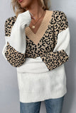 Leopard Splicing V Neck Long Sleeve Knit Sweater