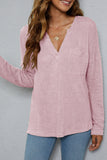 Plain V Neck Waffle Knit Pocketed Long Sleeves Top