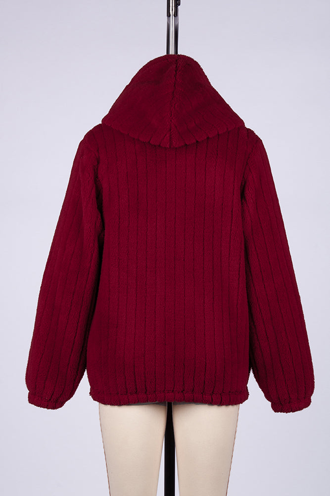 Red Hooded Zipper Ribbed Fleece Winter Outfits Coat