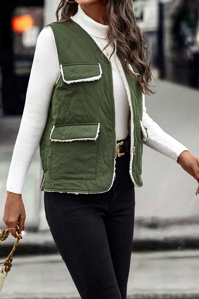 Winter Outfits Green V Neck Vest Coat with Pockets