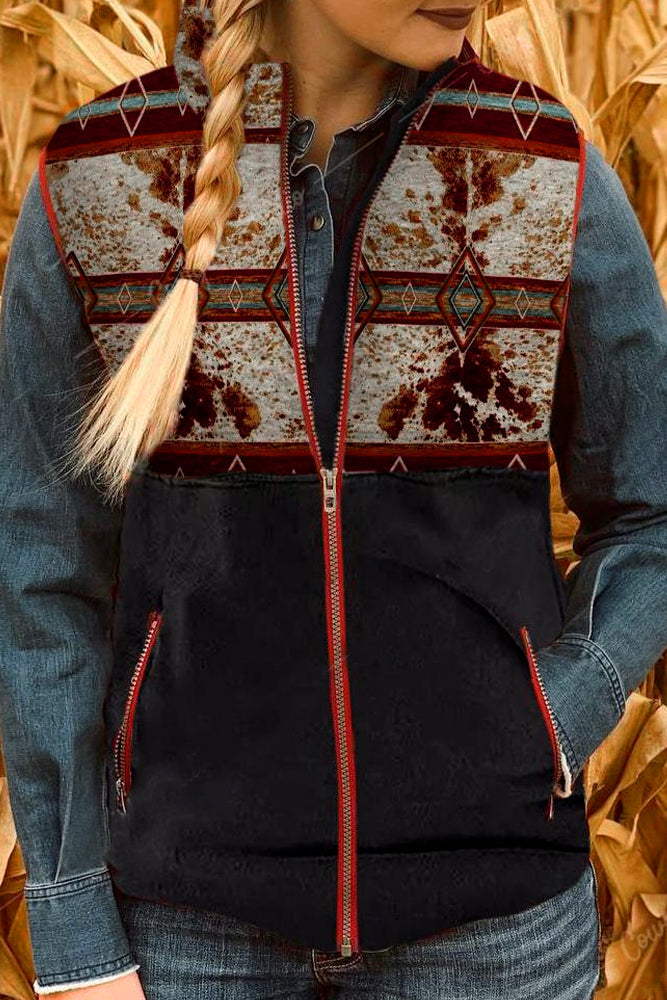 Autumn Outfits Aztec Zipper Pocket Vest Coat