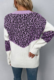 Leopard Splicing V Neck Long Sleeve Knit Sweater