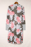 Brown Striped Cuffs Floral Print Long Cardigan
